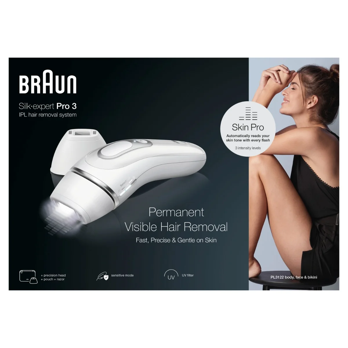 Braun IPL Silk·expert Pro 3, Odstraňovanie Chĺpkov v Pohodlí Domova, S Puzdro, 2 Hlavice, PL3122 1×1 ks, epilátor