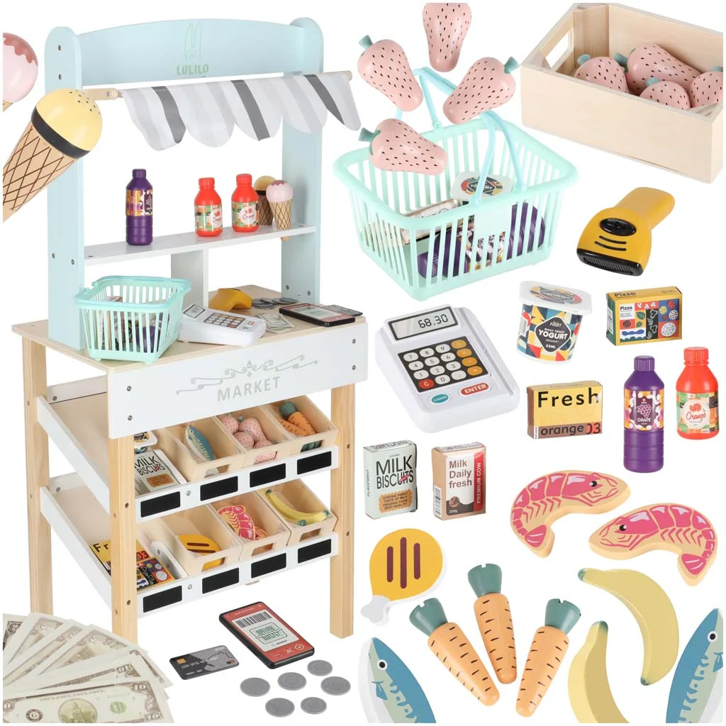Drevený trhový stánok s pokladňou a príslušenstvom 3+