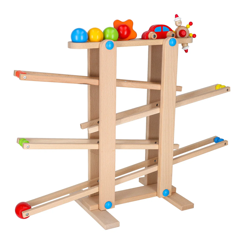 Drevená guľôčková dráha Montessori XXL – loptičky a autíčko