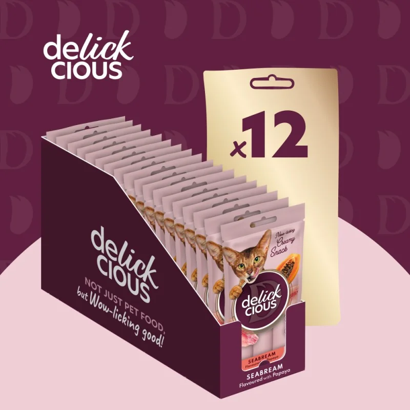 DELICKCIOUS™. Krémové pochúťky – pražma s papája. Pre mačky 4x0,015 g (1612)