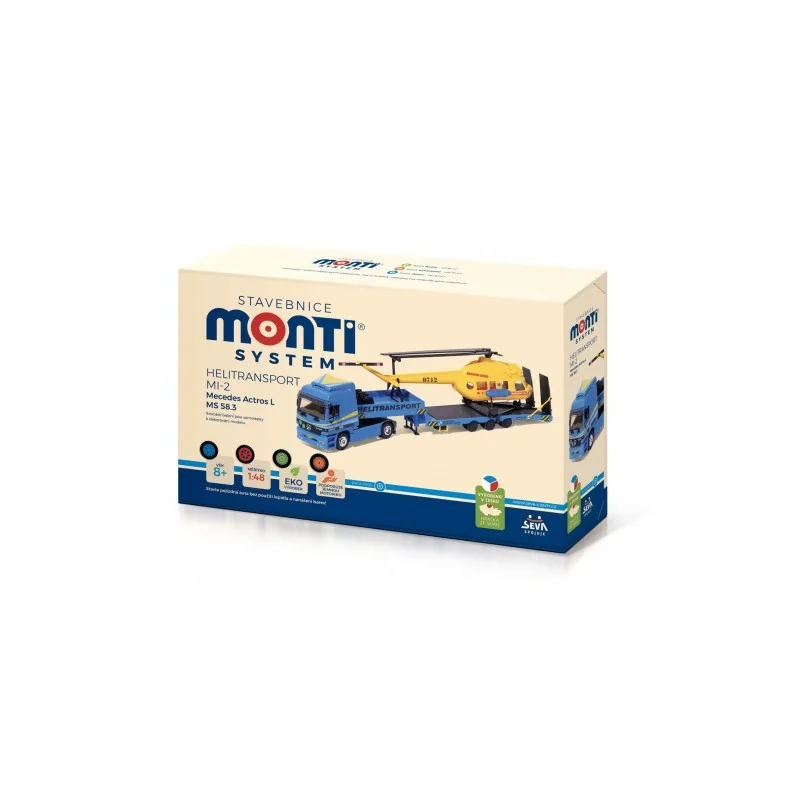 SEVA Stavebnica Monti System MS 58.3 Helitransport MI-2 Mercedes Actros L 1:48 v krabici 31,5 x21x8cm