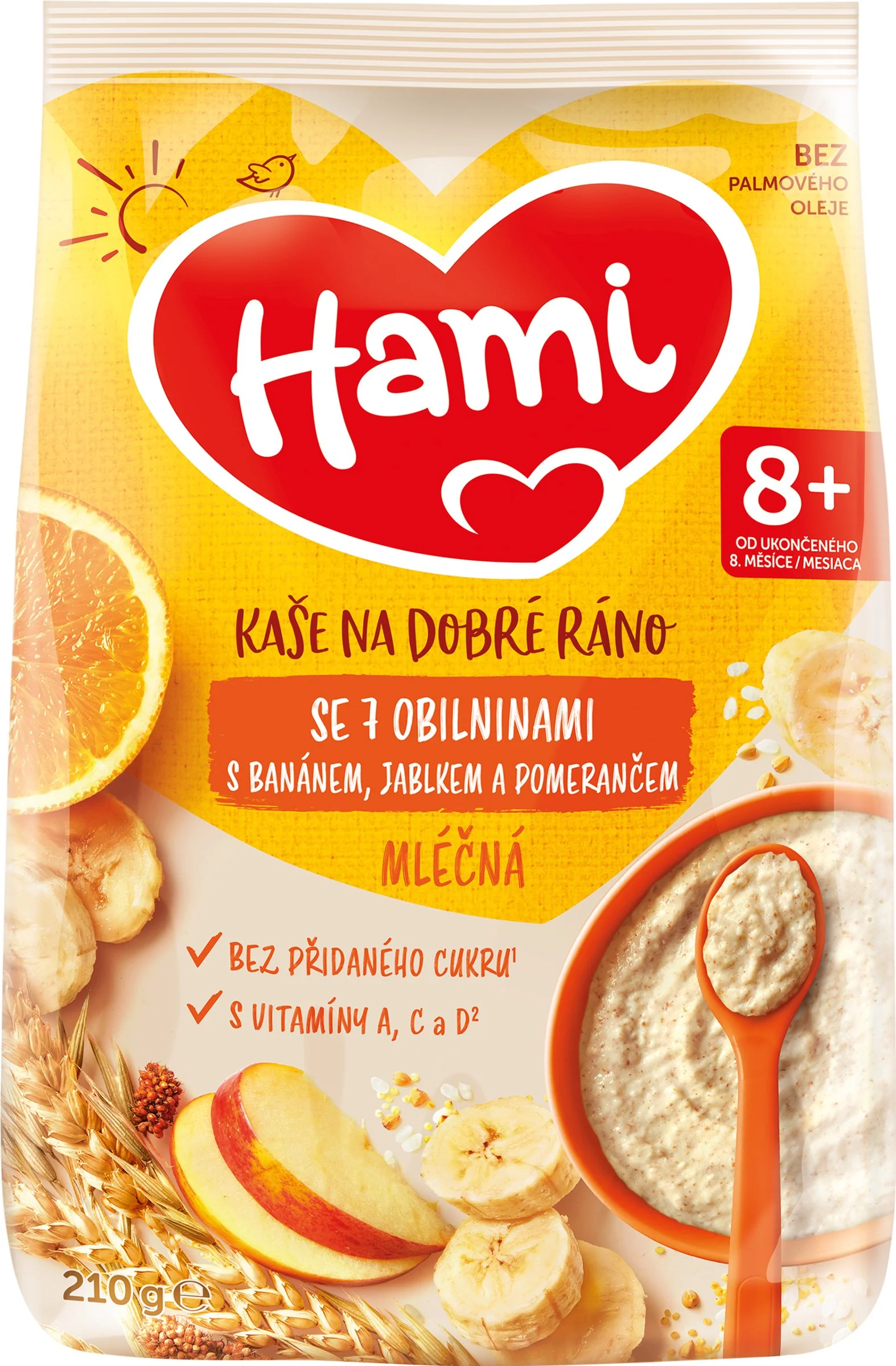 HAMI Mliečna kaša so 7 obilninami s banánom, jablkom a pomarančom 1×210 g, ovocná kaša