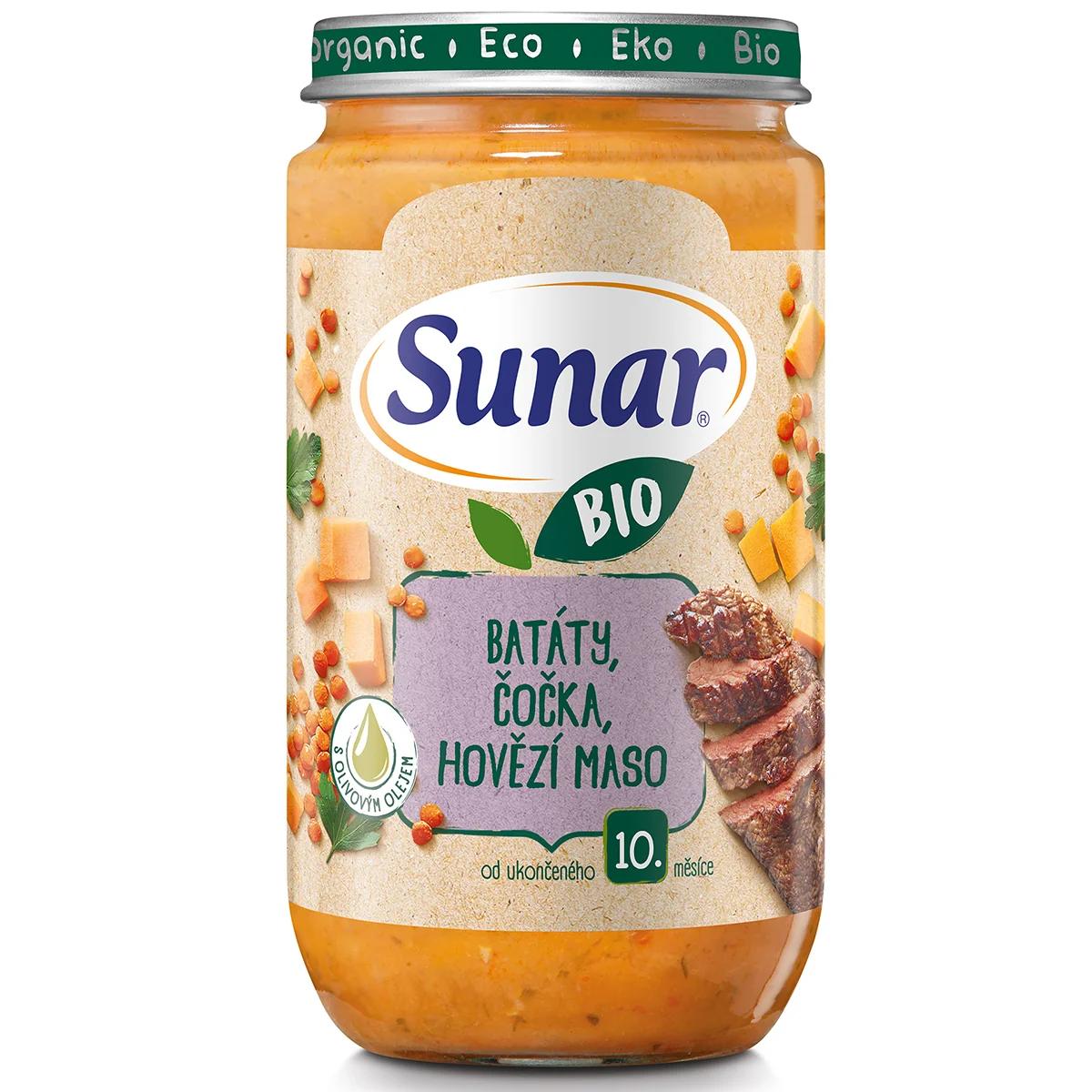 Sunar BIO Batáty, červená šošovka, hovädzie mäso 1×235 g, BIO zeleninový príkrm