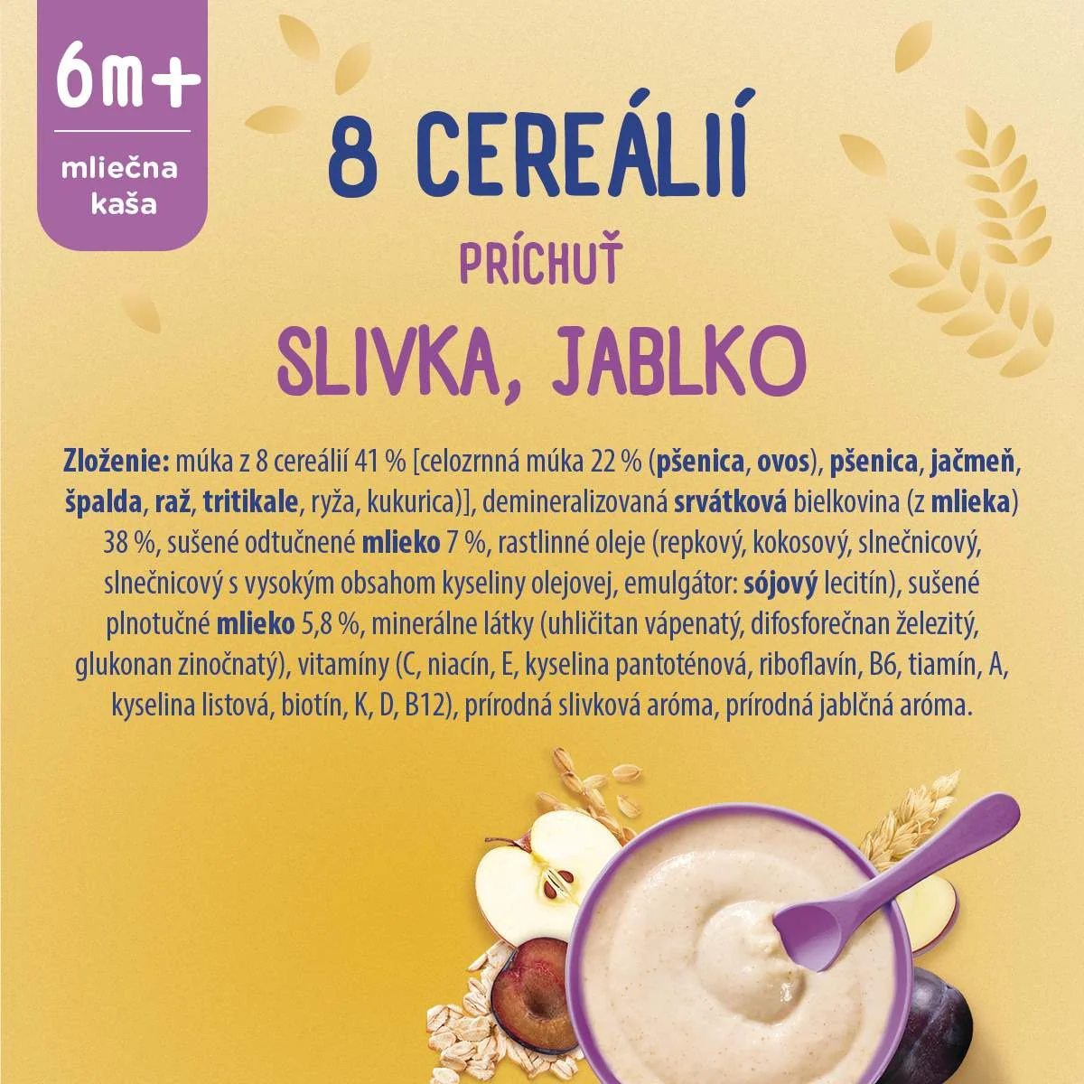 Sunar mliečna kaša 8 cereálií príchuť slivka, jablko 1×210 g, instantná, obilno-mliečna kaša, od ukončeného 6. mesiaca