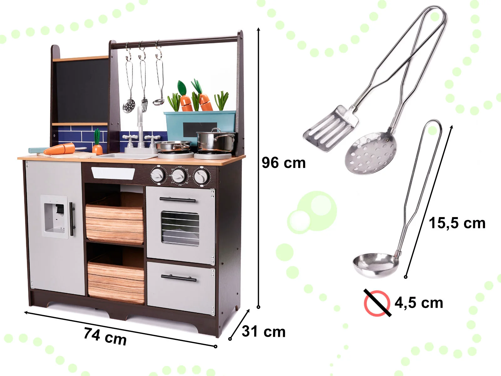 Drevená kuchynka LOFT+ 96 cm + kovové doplnky a „kostkárka ľadu“