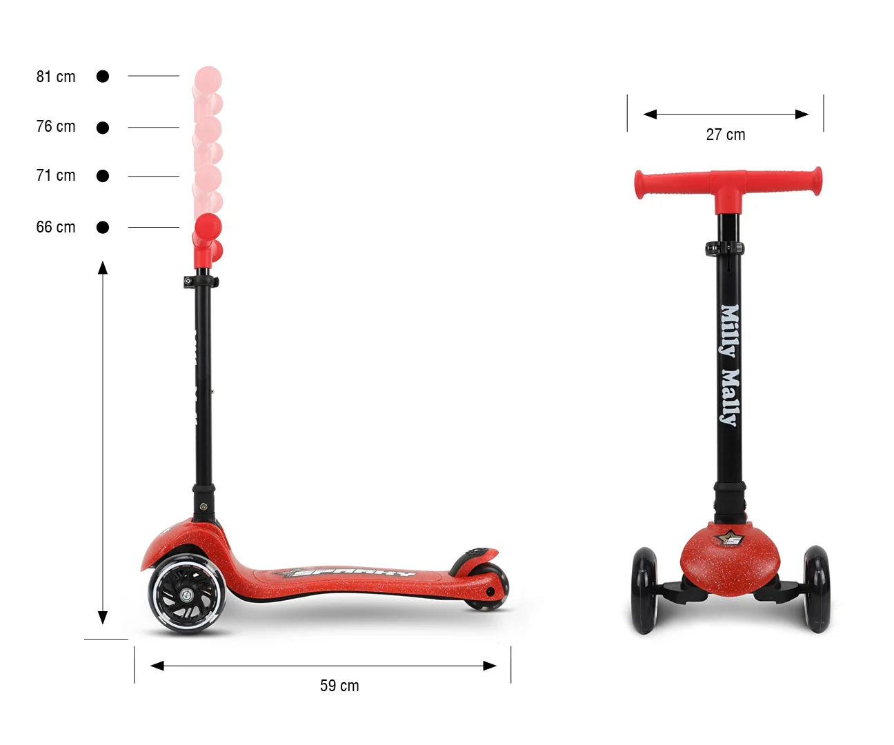 Detská kolobežka SPARKY LED trojkolová – svietiace kolieska, nastaviteľná, červená