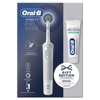 Oral-B Vitality Pro Biela Elektrická Zubná Kefka, 1 Hlavica Kefky, 1 Zubná Pasta Zadarmo 1×1 ks, darčeková sada na zubnú hygiénu