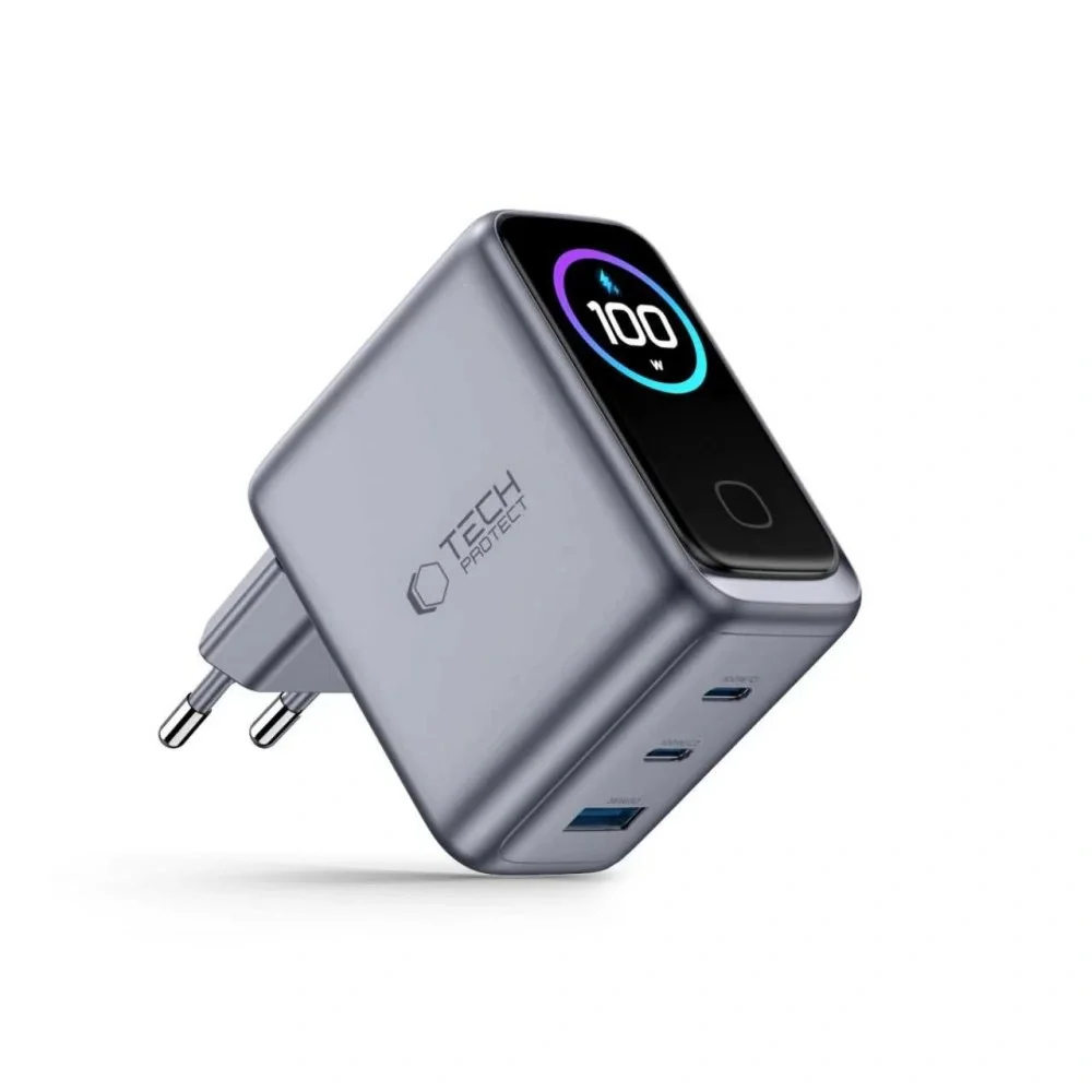 Tech-Protect Power Vision GaN sieťová nabíjačka USB / 2x USB-C QC PD 100W, šedá