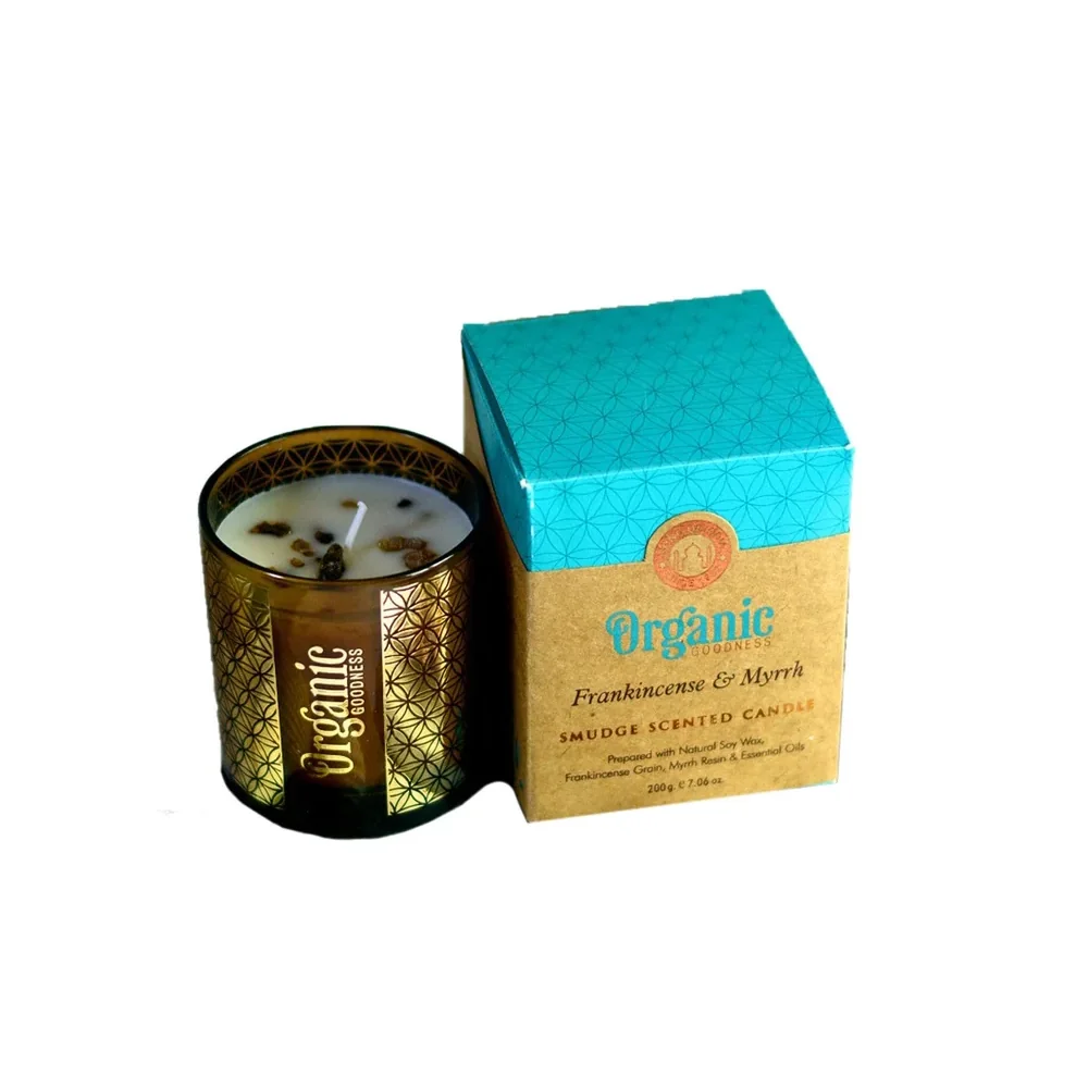 Organická vykurovacia sviečka v skle so zlatou fóliou 200g Frankincense & Myrrh