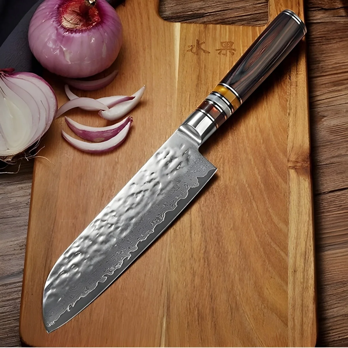 Kuchynský nôž Santoku damaskový 1 ks, hnedá