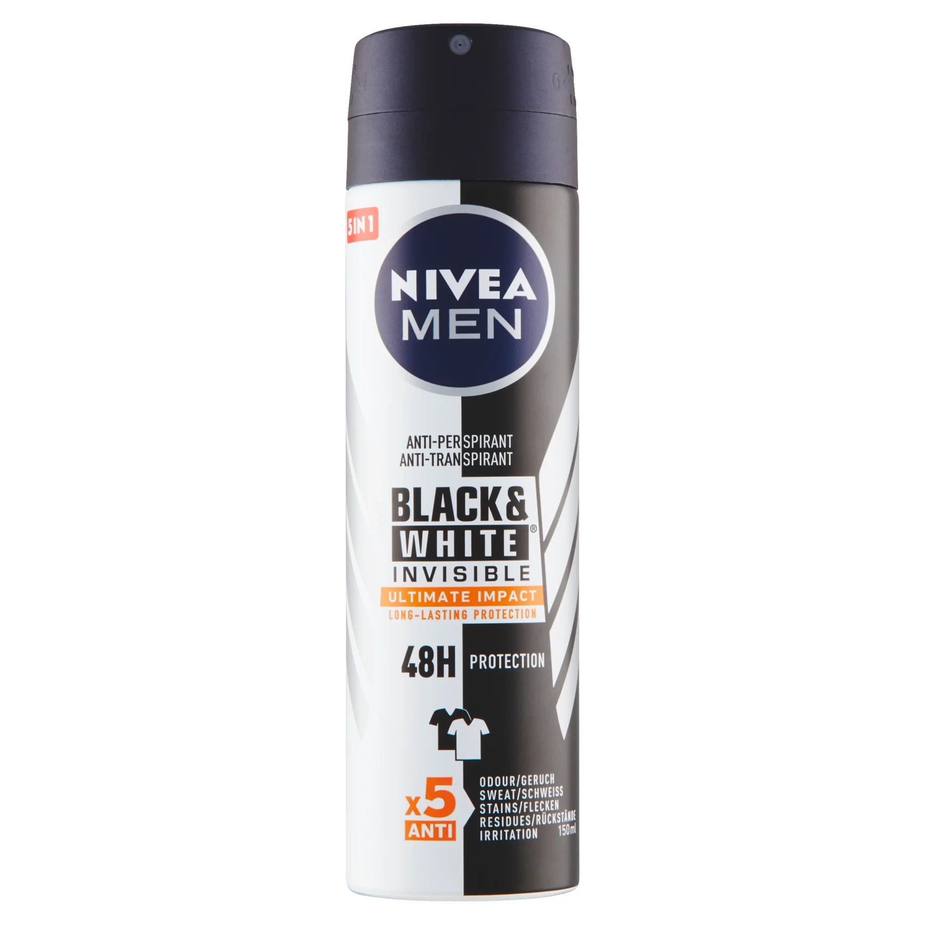 NIVEA Men Sprej AP B&W Invisible Ultimate Impact 1×150 ml, antiperspirant