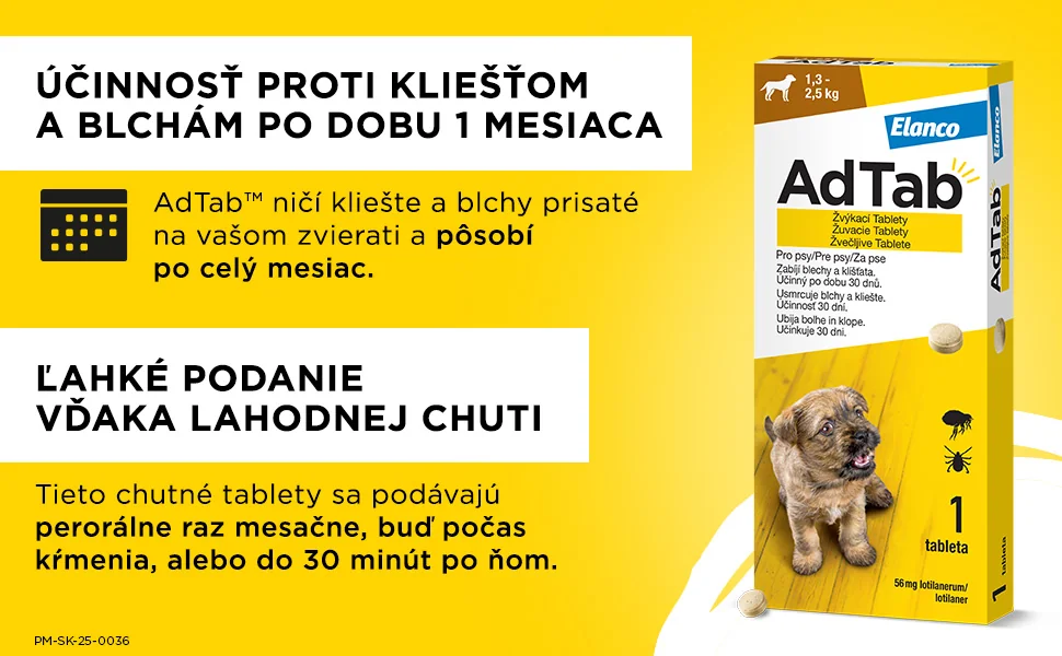 AdTab žuvacie tablety pre psy 56 mg, hmotnosť psa 1,3–2,5 kg 1 tbl