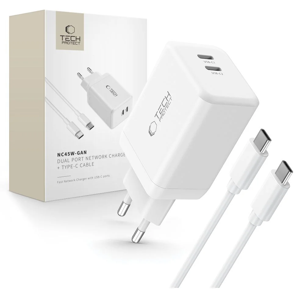 Tech-Protect NC45W GaN sieťová nabíjačka 2x USB-C 45W + kábel USB-C, biela iela