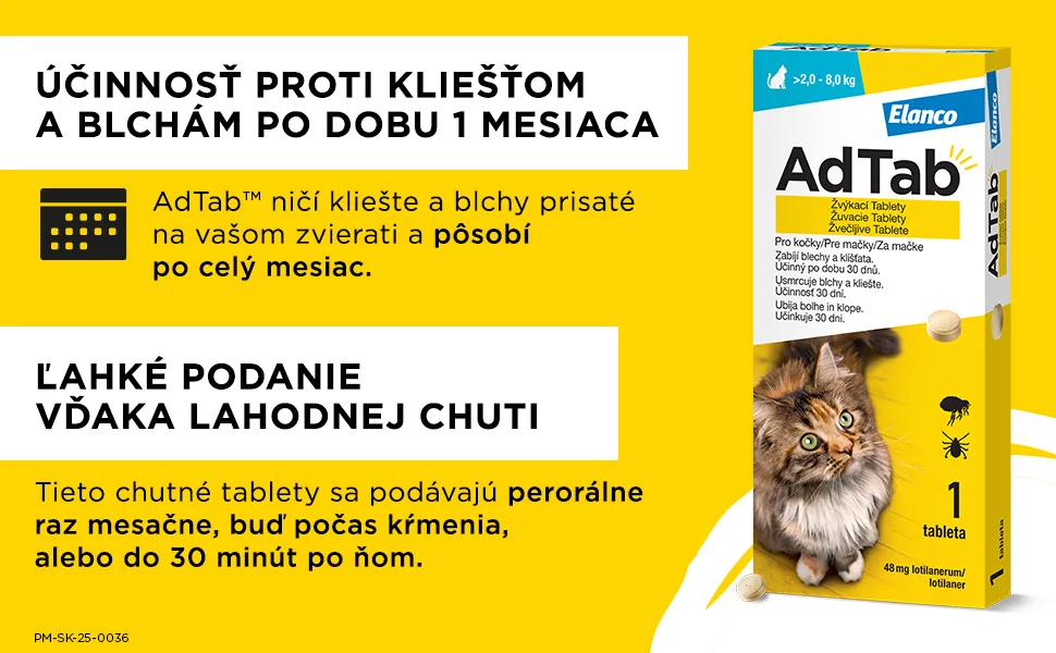 AdTab žuvacie tablety pre mačky 48 mg, hmotnosť mačky > 2,0-8,0 kg 1 tbl