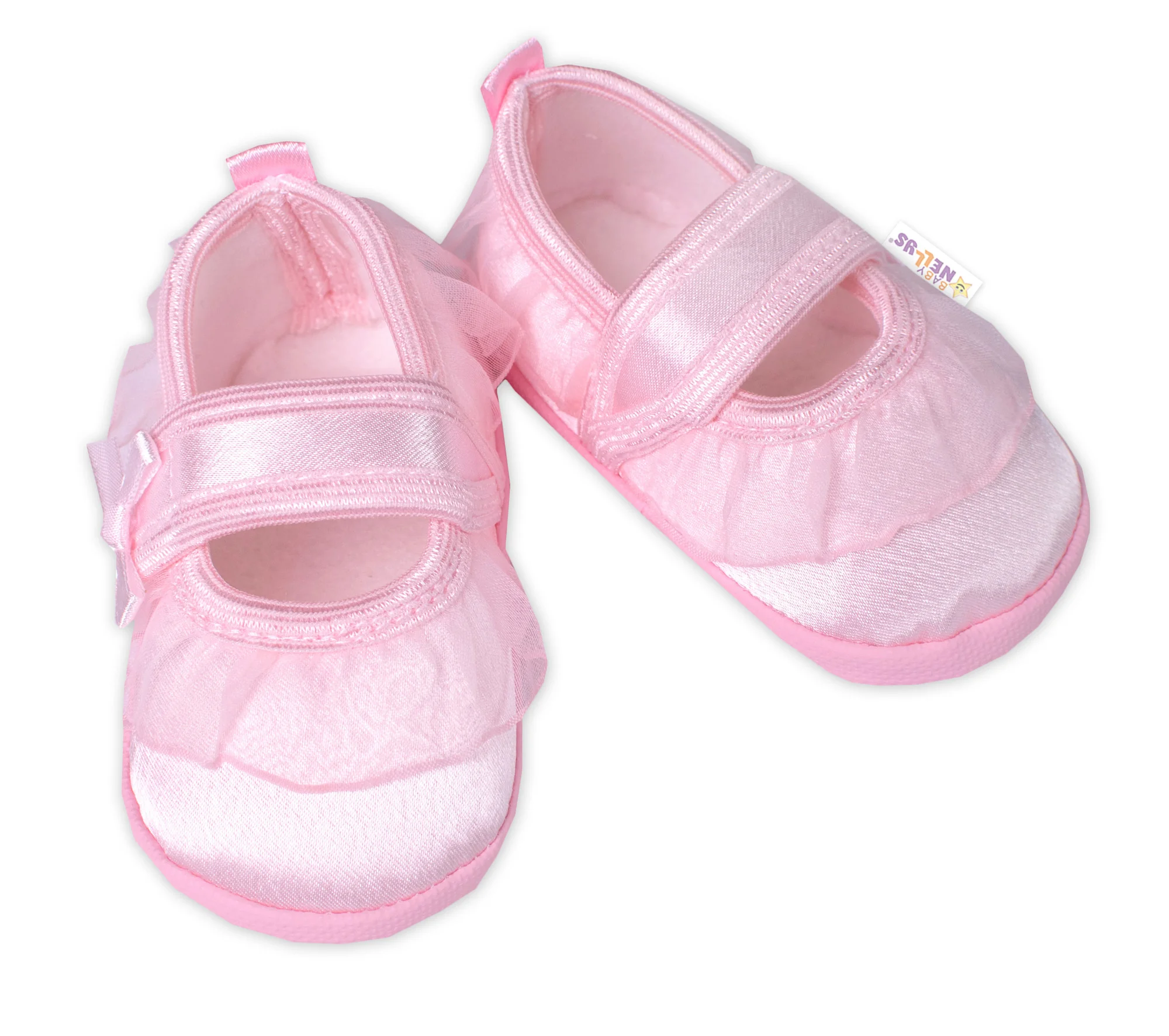 Dojčenské capáčky/topánočky s čipkou a mašľou, Baby Nellys, ružové, veľ. 62/68, 11,5 cm 