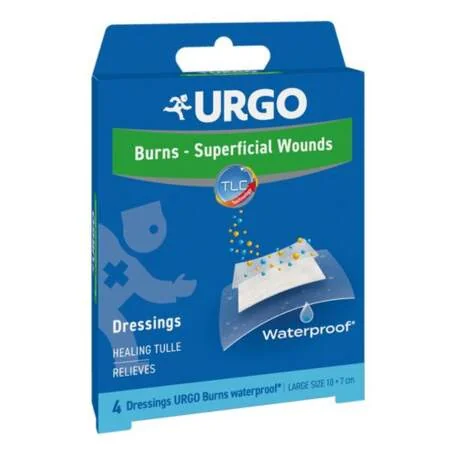 URGO Burns Waterproof Na popáleniny lipidokoloidná náplasť, sterilná, vodeodolná, 10x7 cm 4 ks