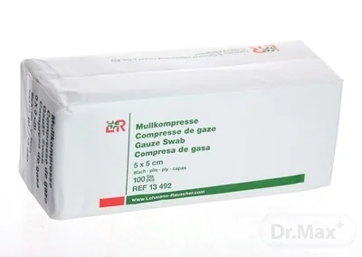 GAZIN KOMPRESY GÁZOVÉ NESTERILNÉ 5x5 cm 8-vrstvové, 17 vláknové, so založenými okrajmi 1x100 ks