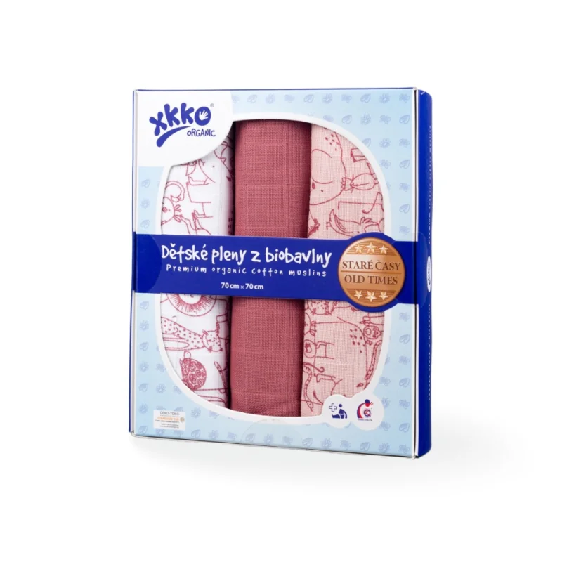 XKKO Organic Staré časy plienky z biobavlny Safari Mesa Rose MIX 70x70, 3 ks
