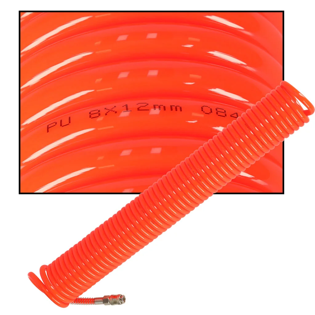 Špirálová pneumatická hadica 12 mm × 15 m – PU, rýchlospojky