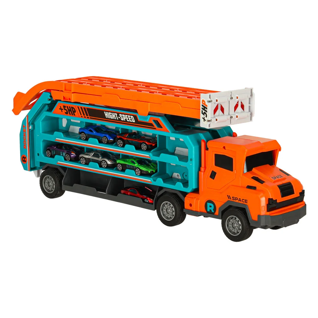 Sklápací transportér so šmýkačkou + 6 autíčok, oranžový