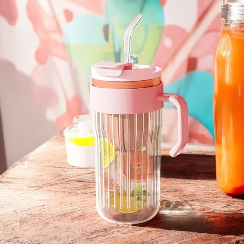 Livefy pohár so slamkou Ribbed 550ml, ružový