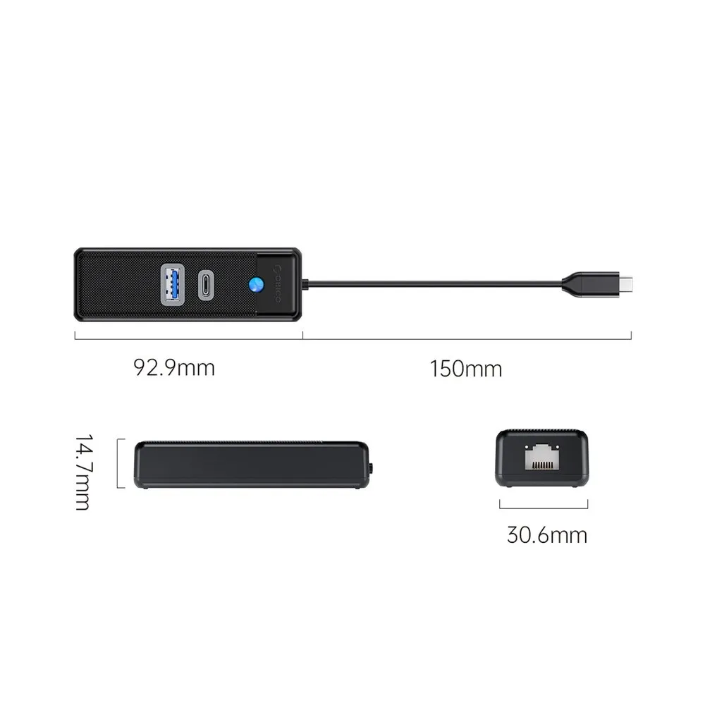 Orico PWCUR-C3 HUB adaptér USB-C - USB 3.0 / USB-C / RJ45 15cm, čierny