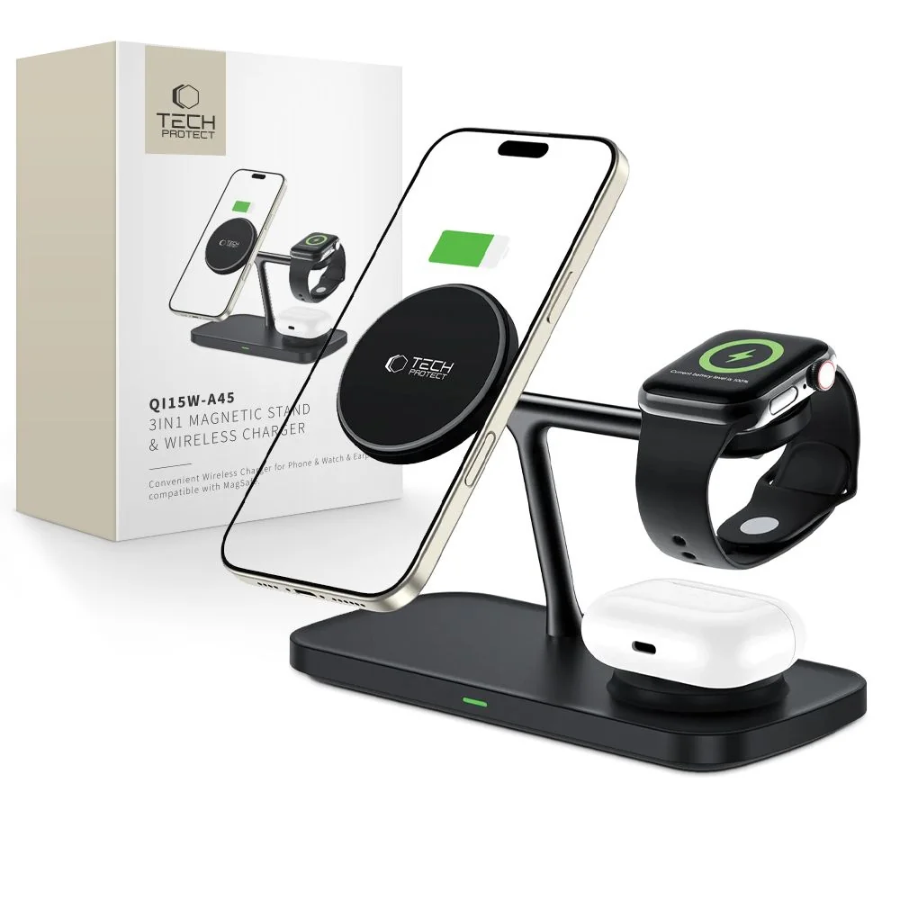 Tech-Protect A45 MagSafe bezdrôtová nabíjačka na mobil / Apple Watch / AirPods 15W, čierna AirPods 15W, čierna