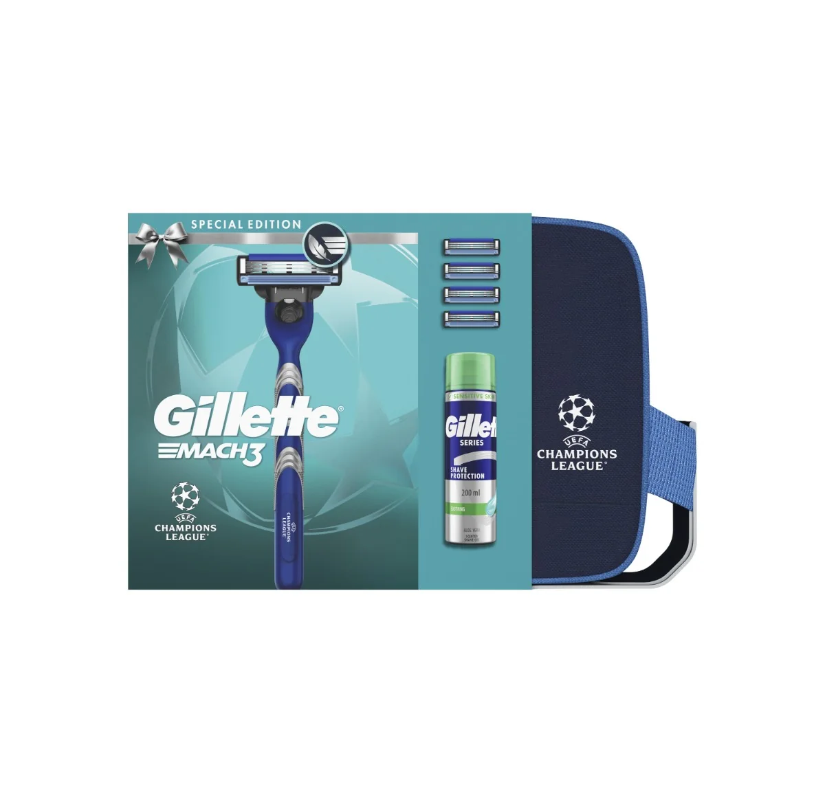 Gillette Mach3 UEFA Champions League Special Edition: pánsky holiaci strojček, gél na holenie, kozmetická taška 1 set