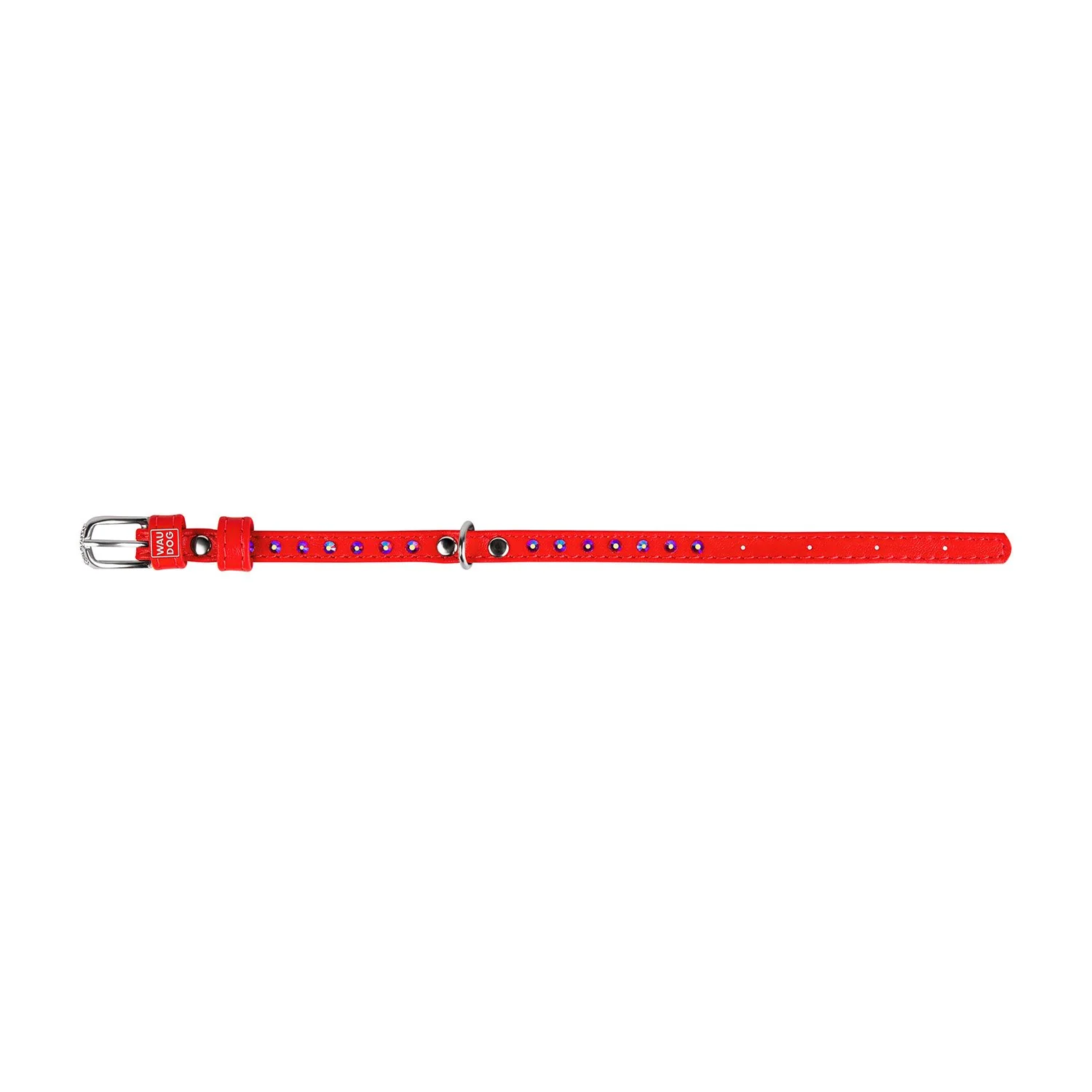 Plochý kožený obojok červenej farby s kryštálmi, Obvod krku: 30-39 cm, širka: 20 mm