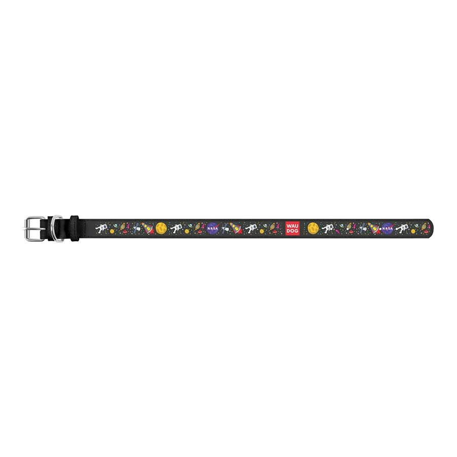 Kožený obojok so vzorom NASA čierny, Obvod krku: 27-36 cm, širka: 15 mm