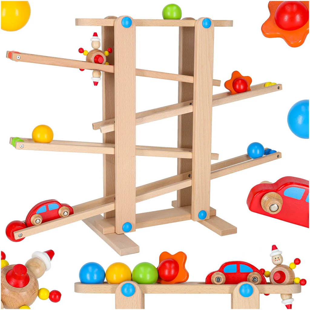 Drevená guľôčková dráha Montessori XXL – loptičky a autíčko