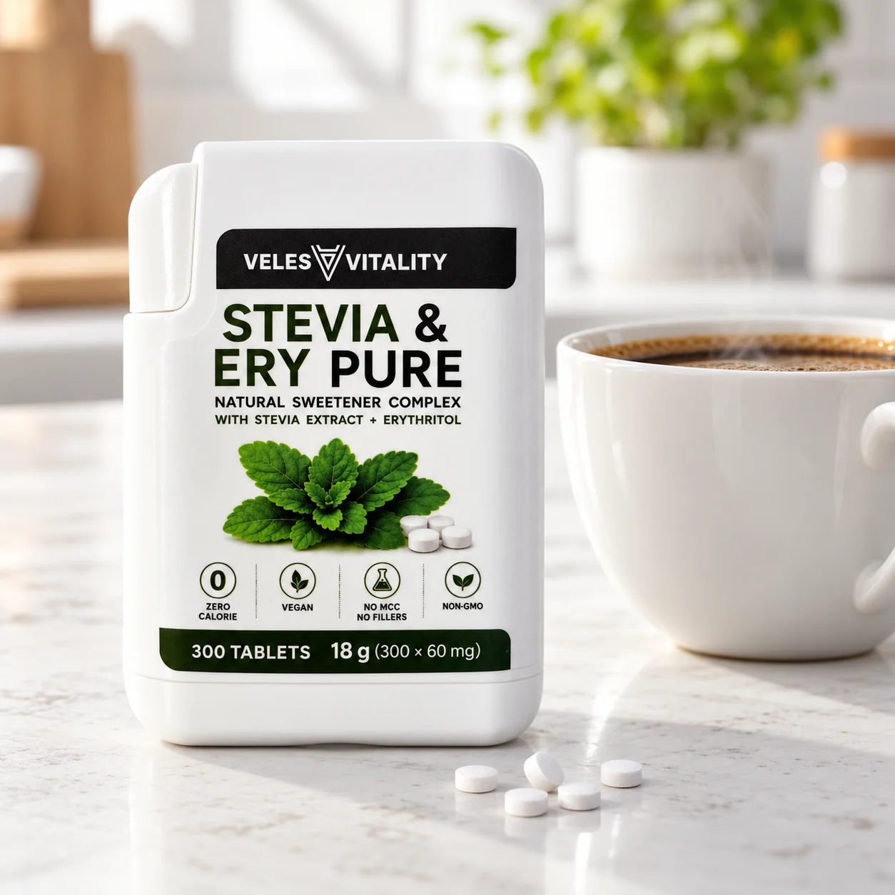 Veles Vitality STEVIA & ERY PURE sladidlo 300 tabliet Prírodné sladidlo so stéviou a erytritolom v dávkovači