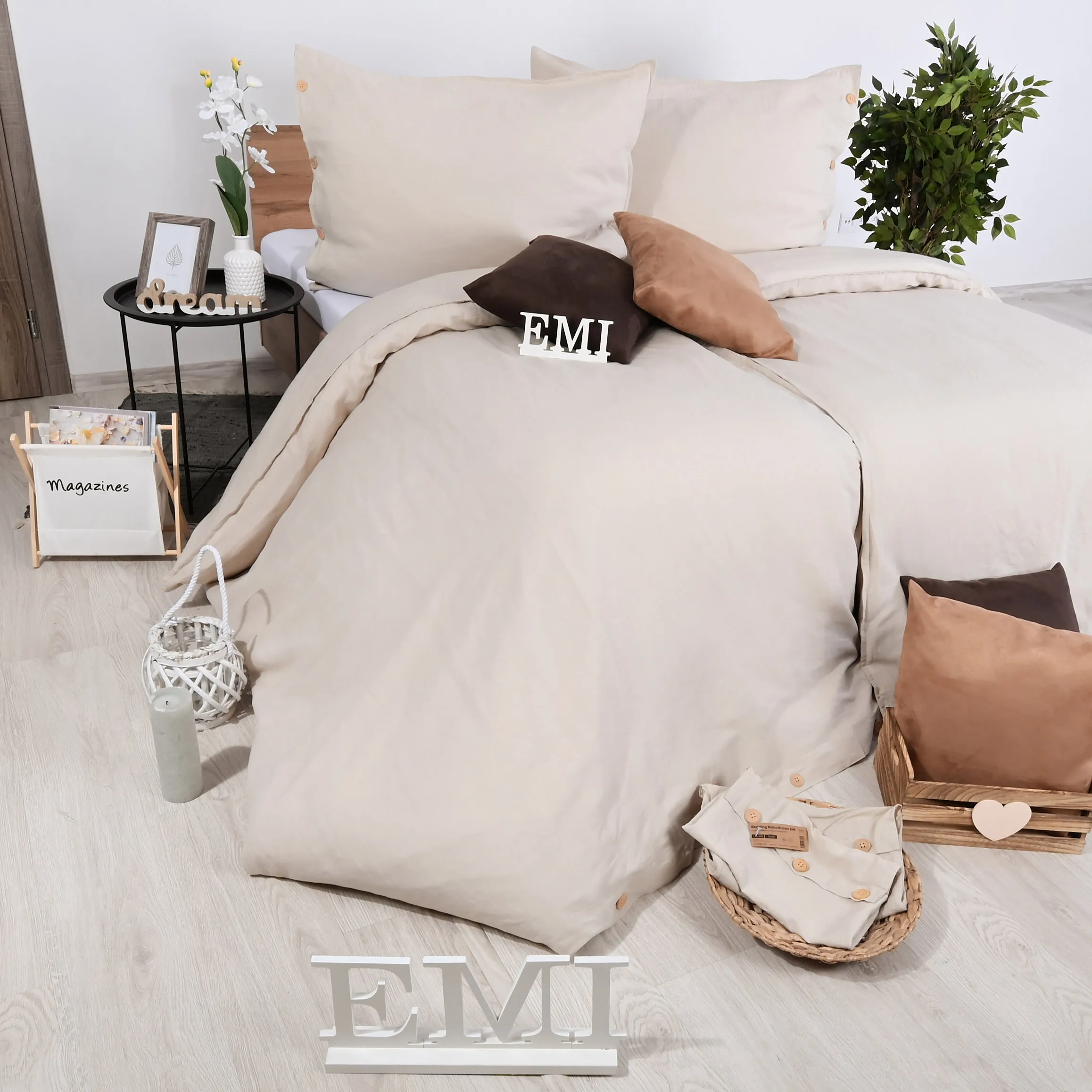 EMI Ľanové posteľné obliečky Natur hnedé 140x200+90x70 1×1 set, posteľné obliečky