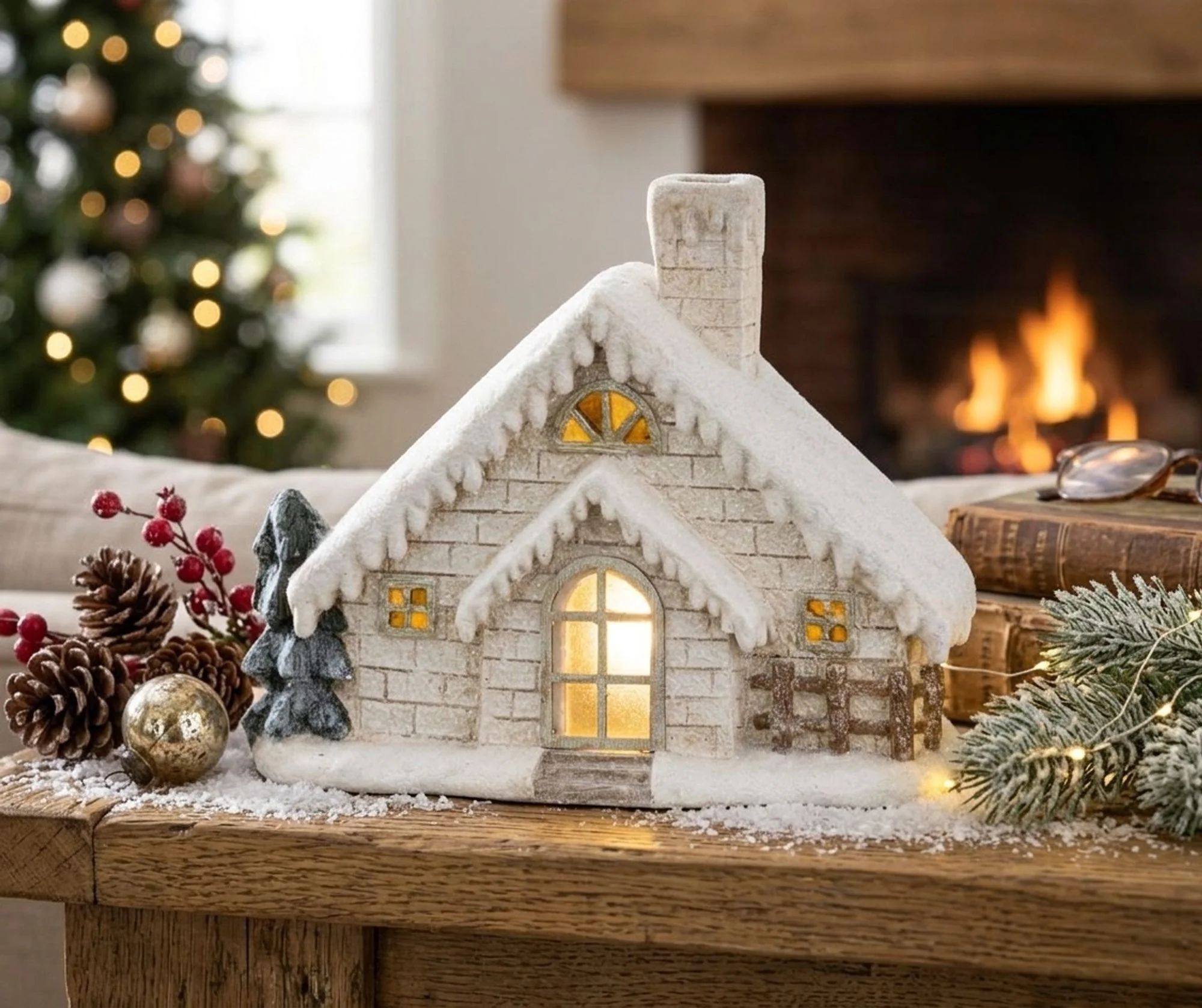 MagicHome vianočný LED domček s komínom, 1 ks Keramika, 3xAA, 40 cm