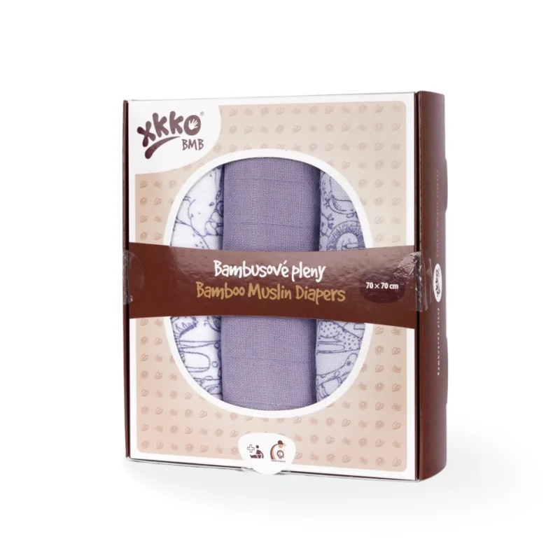 XKKO BMB bambusové plienky Safari Lavender Aura, MIX 3 ks, 70x70