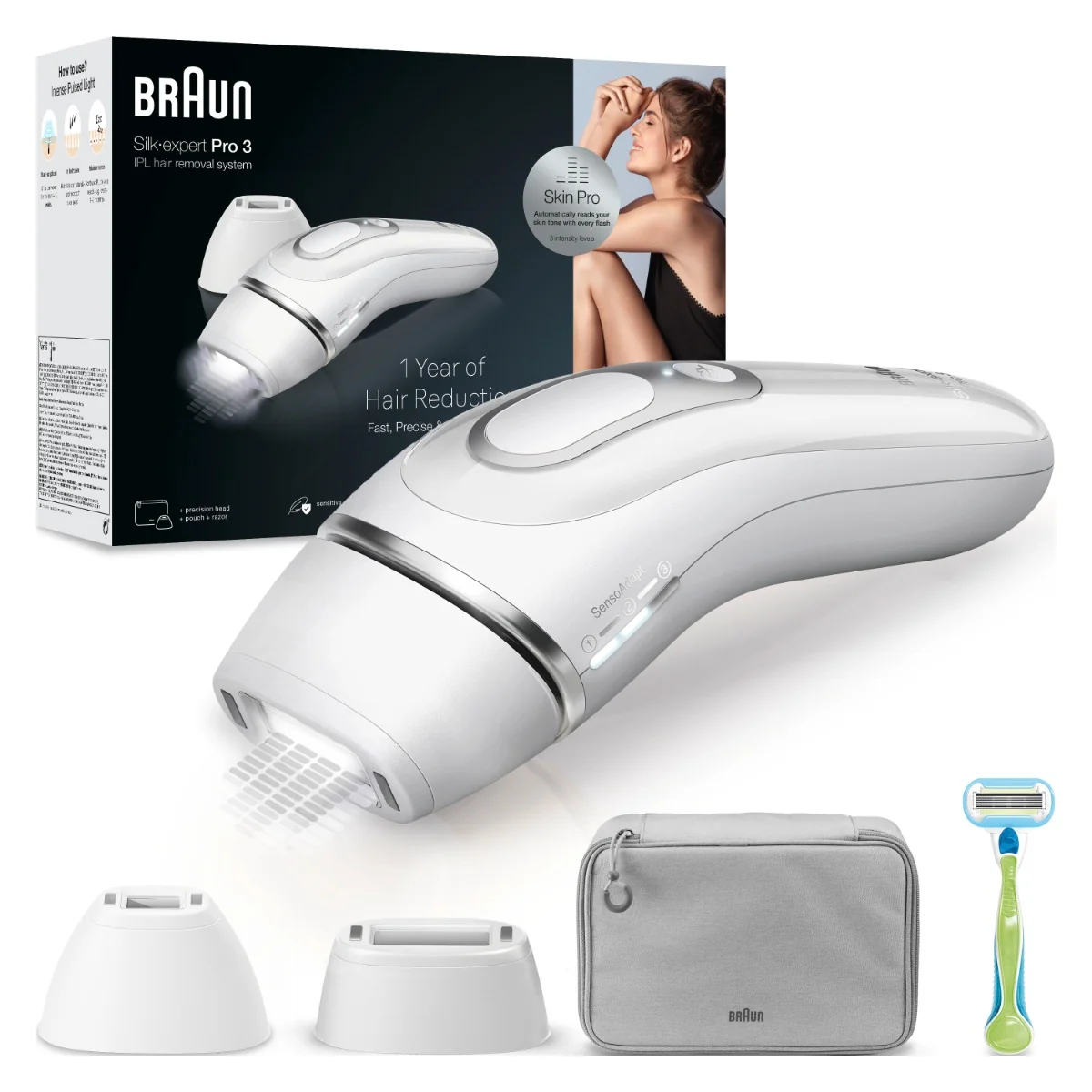 Braun IPL Silk·expert Pro 3, Odstraňovanie Chĺpkov v Pohodlí Domova, S Puzdro, 2 Hlavice, PL3122 1×1 ks, epilátor