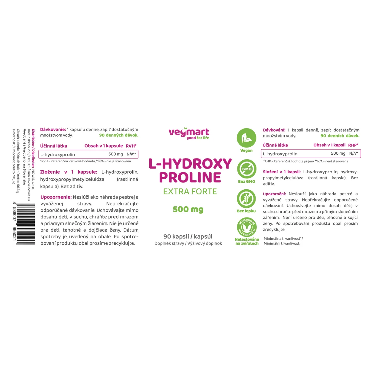Vegmart L-hydroxyprolín Extra Forte 500 mg, 90 kapsúl