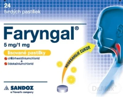 Faryngal 5 mg/1 mg lisované pastilky 1×24 ks, pastilky, 5 mg/1 mg