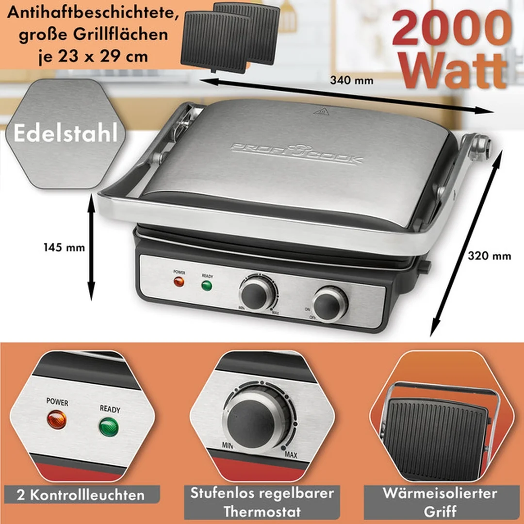 ProfiCook KG 1264 kontaktný gril 2000 W, otváranie 180°