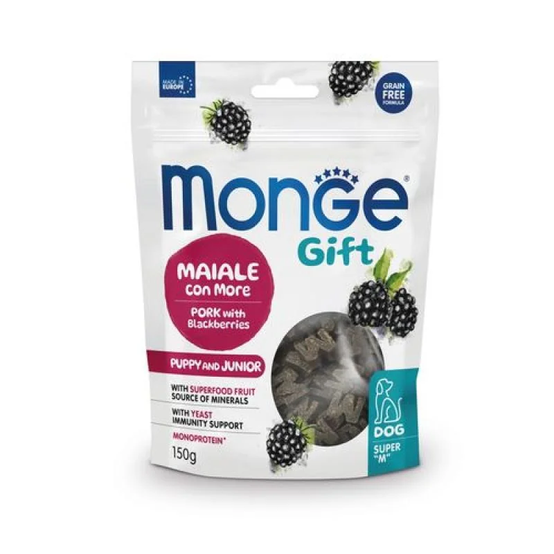 MONGE GIFT Super M Puppy and Junior 150g pochúťky pre šteňatá s bravčovým mäsom a černicami