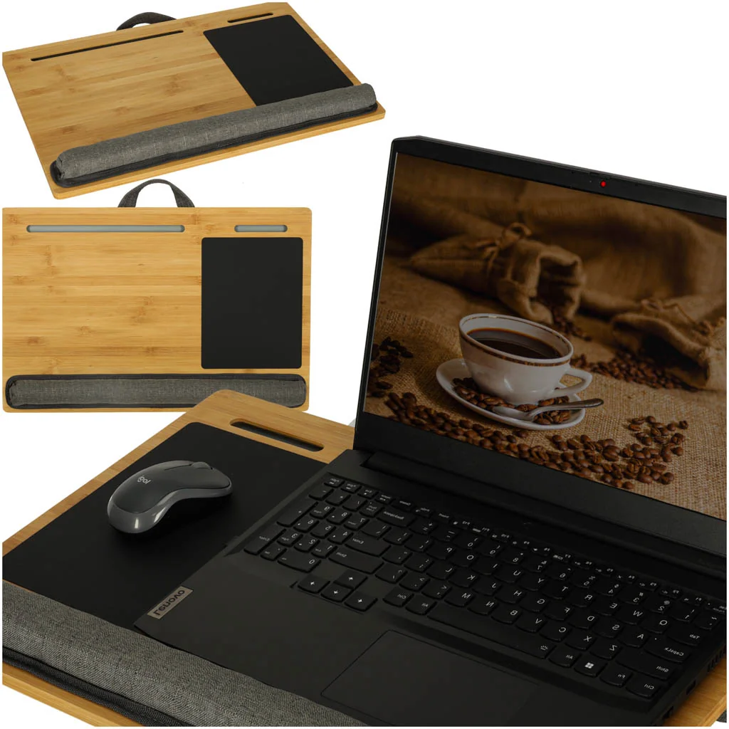 Drevený stolík na notebook s ergonomickým vankúšom – príručný stojan na gauč a posteľ