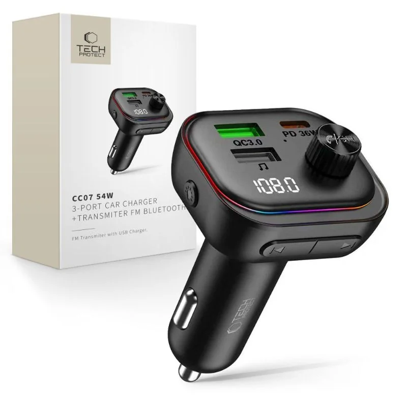 Tech-Protect CC07 FM Bluetooth Transmitter autonabíjačka 2x USB / USB-C 54W, čierna C 54W, čierna