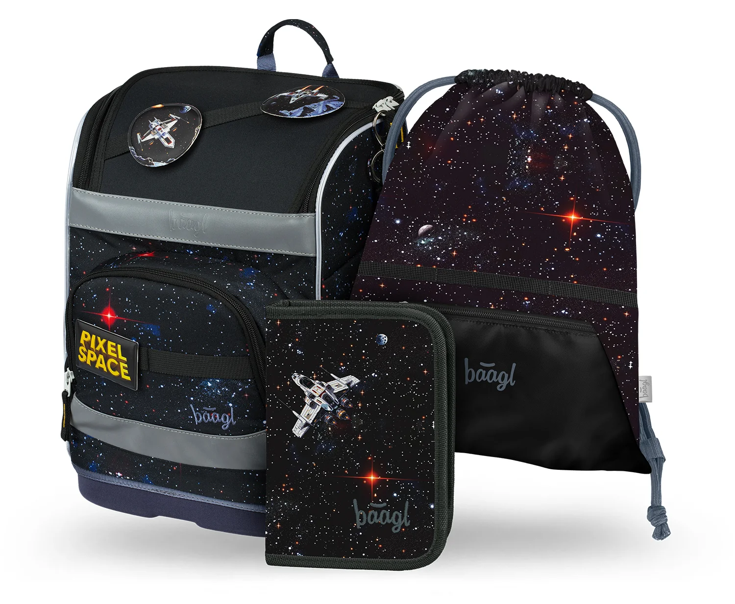 Baagl Školská sada Zippy Plus Pixel Space – aktovka, peračník, vrecko