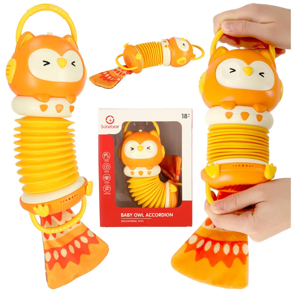 Detská harmonika – sova, oranžová, LED a zvuk, 30 cm (18m+)