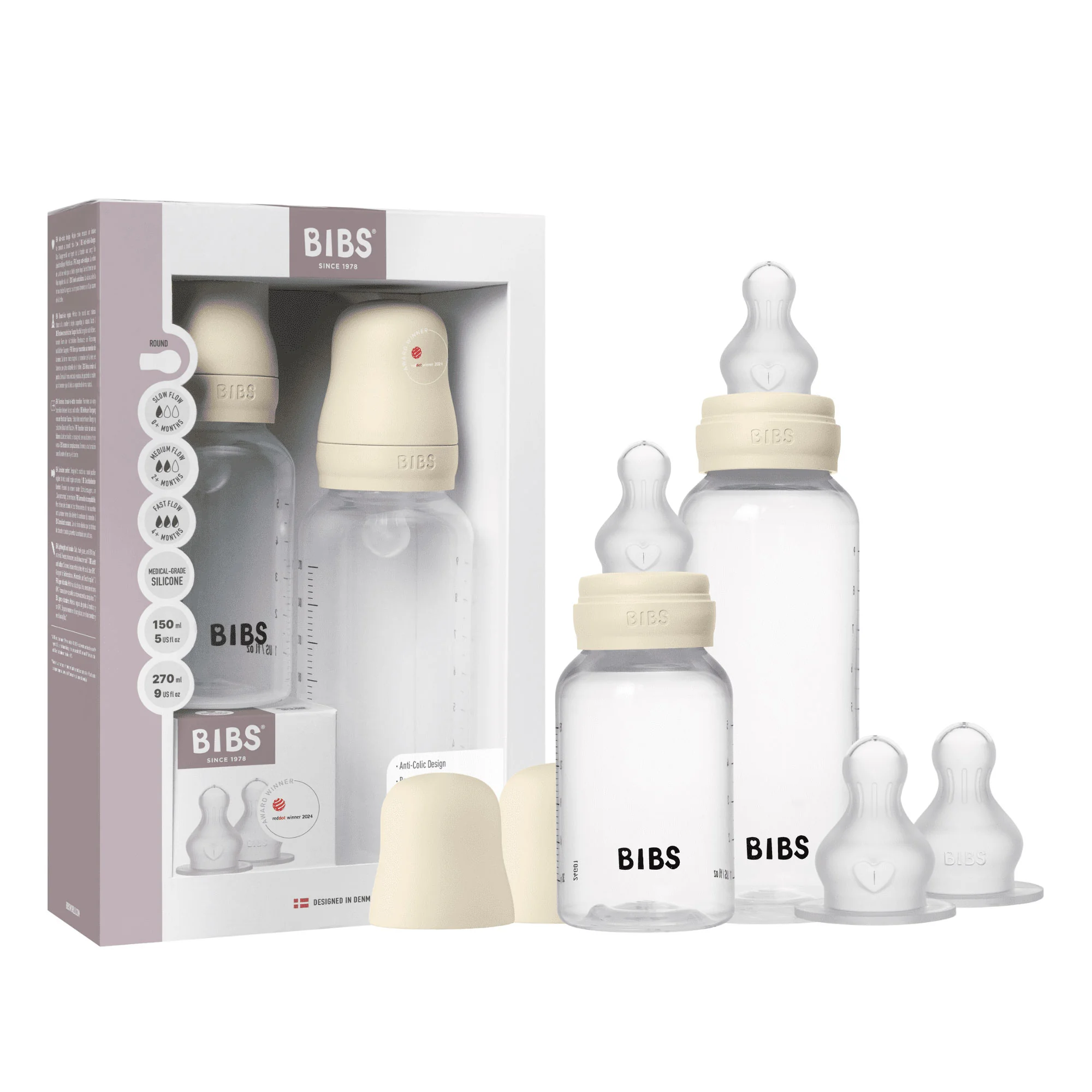 BIBS set antikolikových dojčenských fliaš so silikónovým cumlíkom Ivory