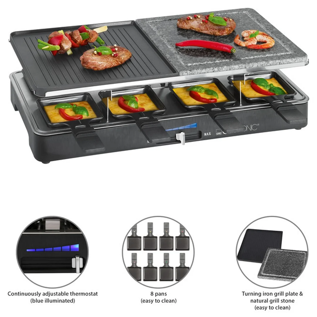 Clatronic RG 3518 raclette gril 2 v 1 s prírodným kameňom, 8 panvičiek