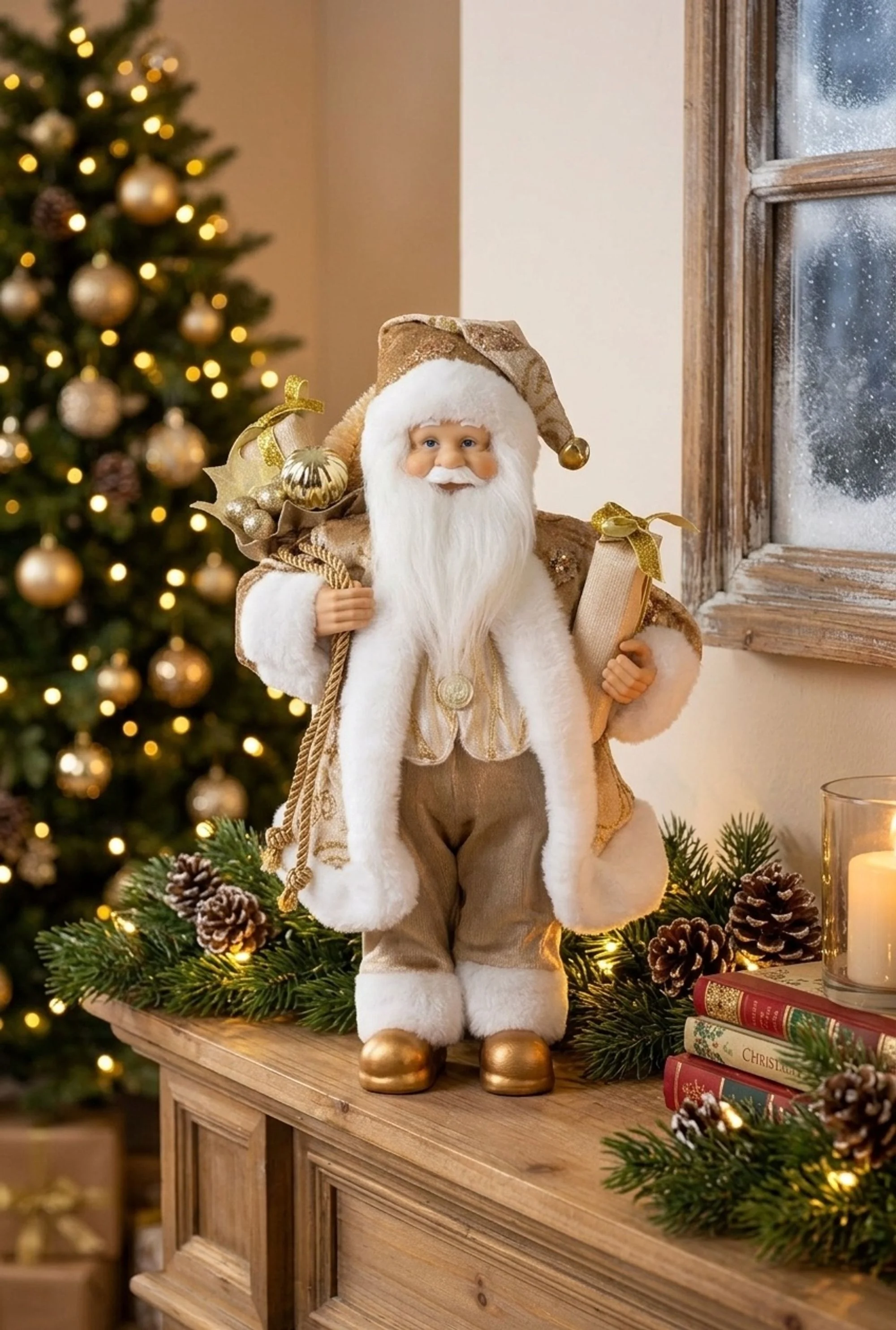 MagicHome vianočný Santa, 1 ks Textil, zlatý, 16x26x41 cm