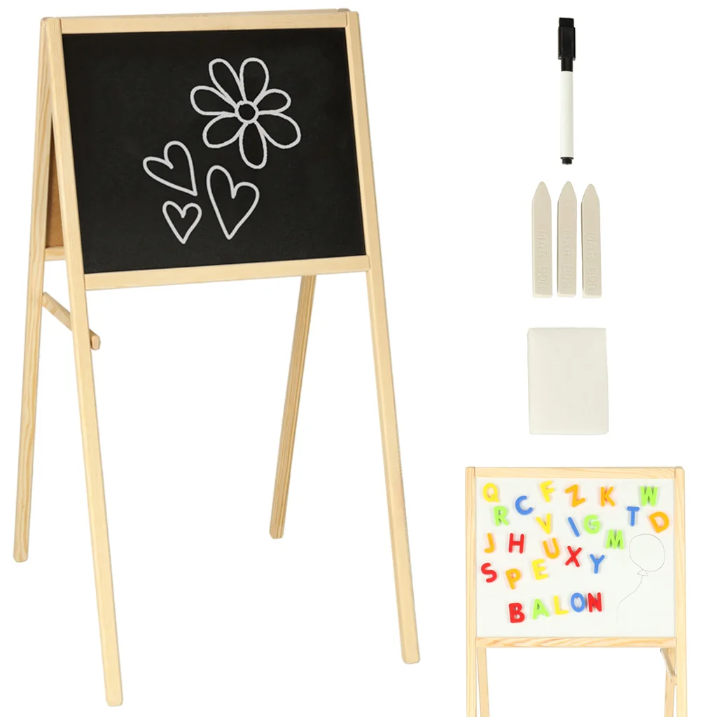 Dvojstranná tabuľa pre deti – kriedová a magnetická, 84 × 43 × 50 cm