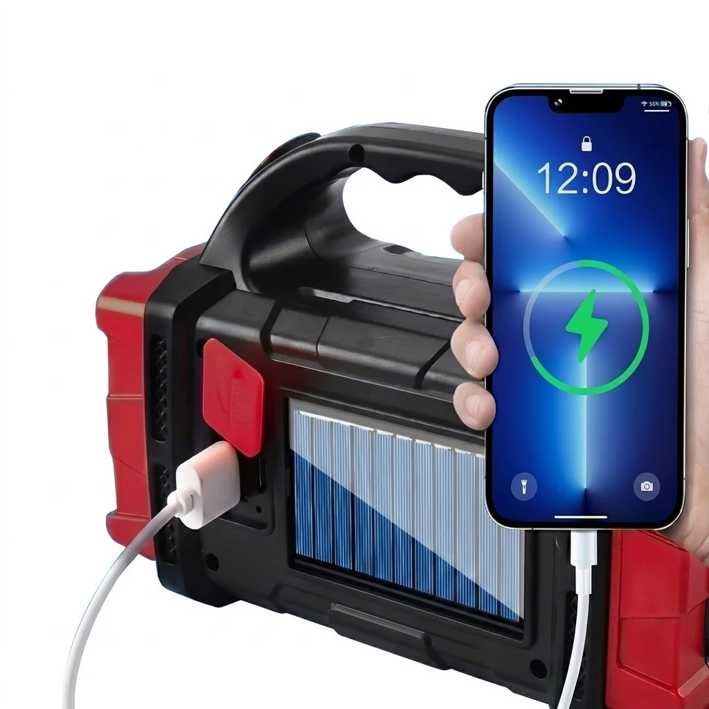 Solárna LED kempingová baterka s powerbankou, červená/čierna