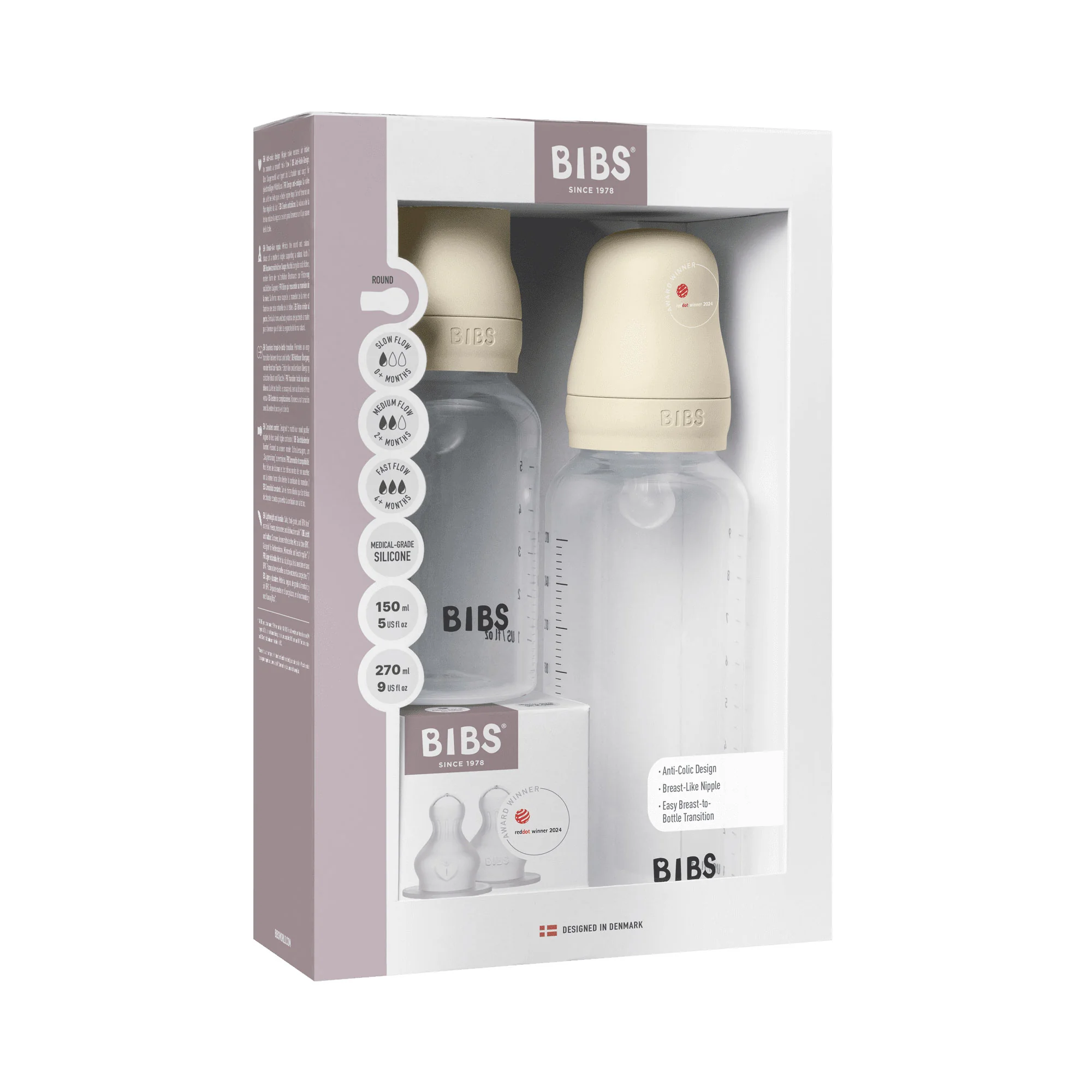 BIBS set antikolikových dojčenských fliaš so silikónovým cumlíkom Ivory